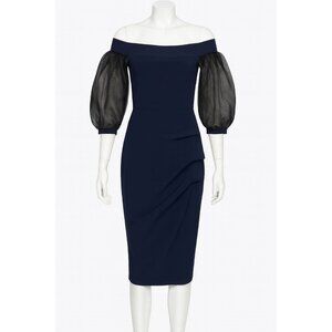 Chiara Boni Midnight Blue Midi Dress with Sheer Sleeves